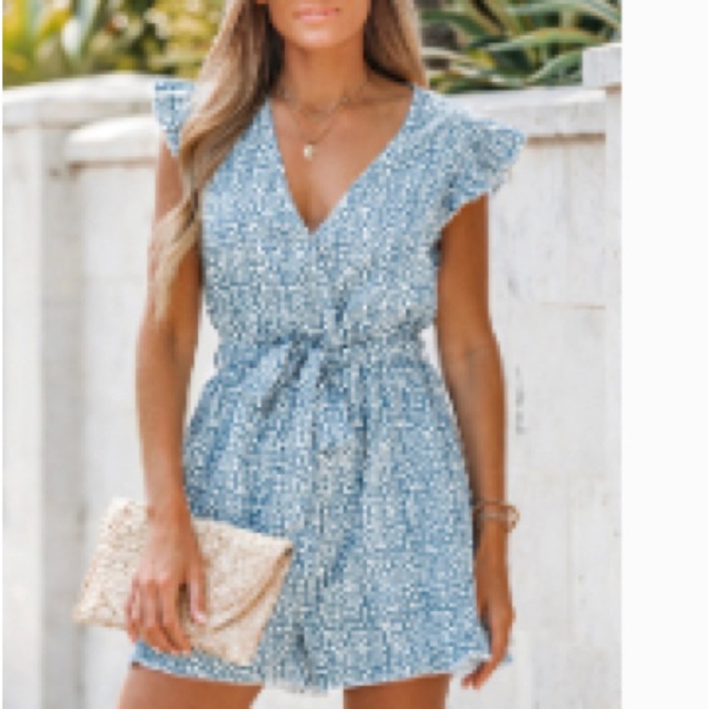 Light blue leopard print drawstring romper - CUPSHE